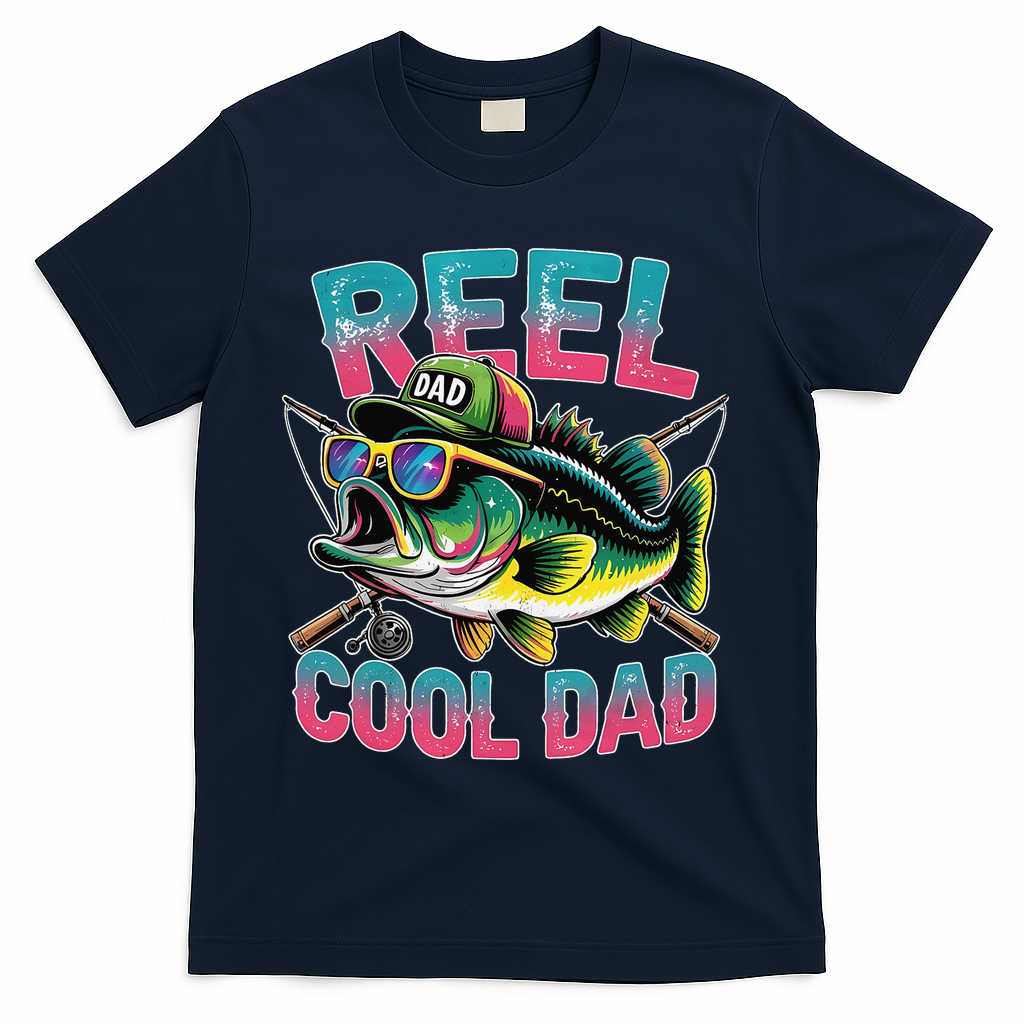 Reel Cool Dad Fishing Fisher Funny Fisherman Fathers Day T-Shirt - Navy