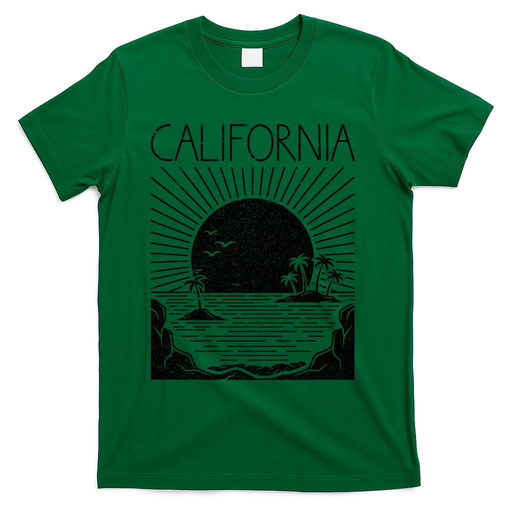 Retro California Rising Sun Palms And Ocean Summer T-Shirt - Green