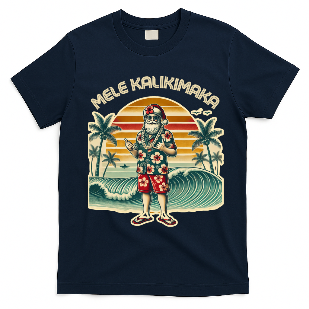 Retro Christmas Surf Mele Kalikimaka Santa Shaka Hawaii Gift T-Shirt - Navy Blue