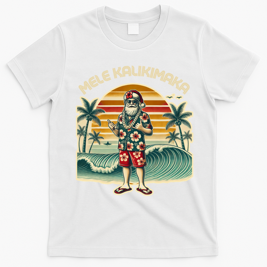 Retro Christmas Surf Mele Kalikimaka Santa Shaka Hawaii Gift T-Shirt - White