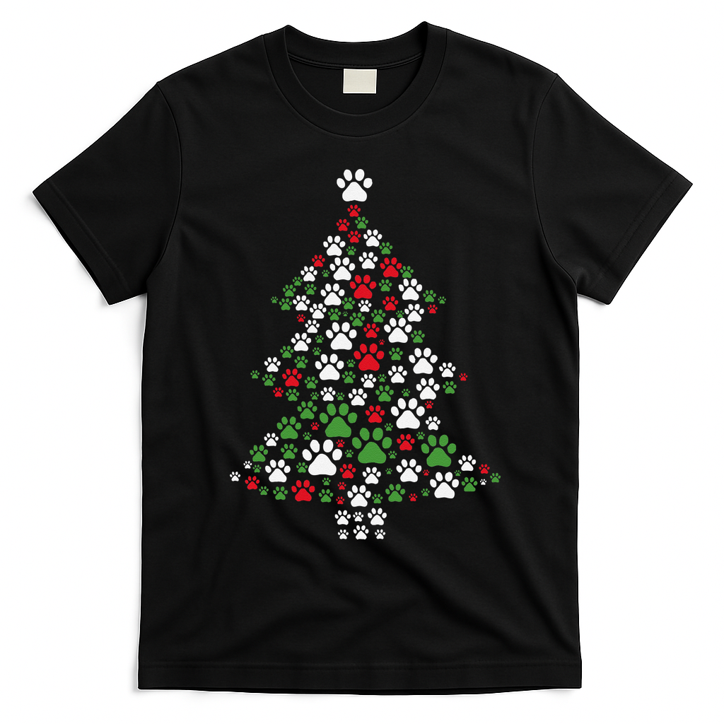 Retro Cute Xmas Dog Paw Print Christmas Tree Puppy Lover T-Shirt - Black