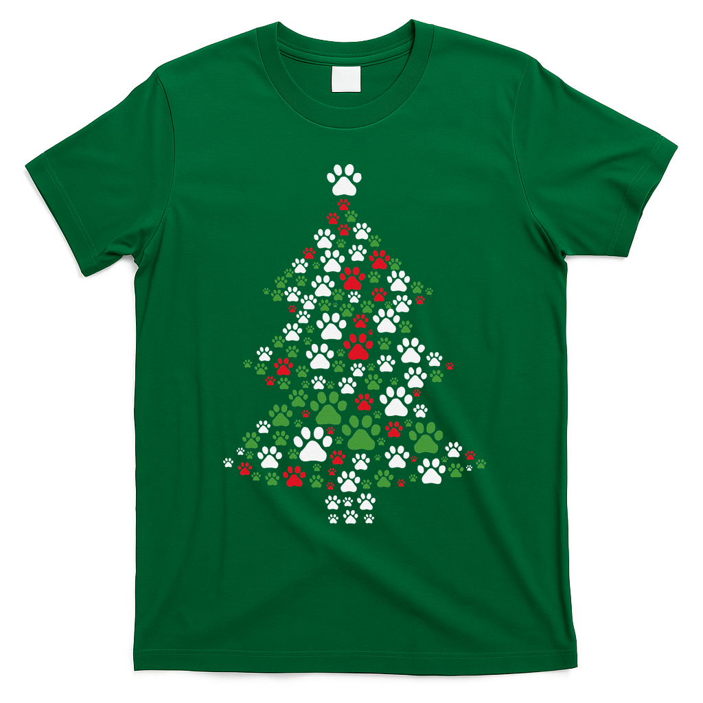 Retro Cute Xmas Dog Paw Print Christmas Tree Puppy Lover T-Shirt - Irish Green