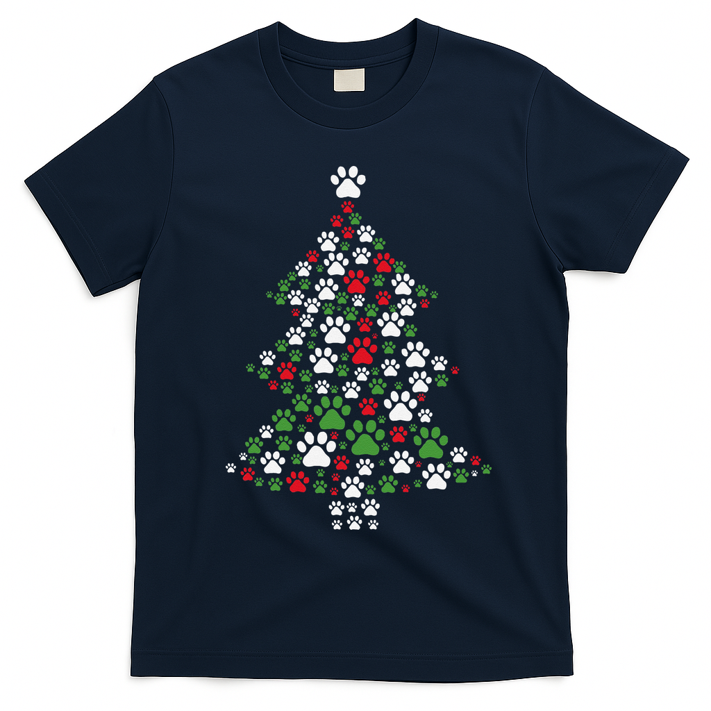 Retro Cute Xmas Dog Paw Print Christmas Tree Puppy Lover T-Shirt - Navy Blue