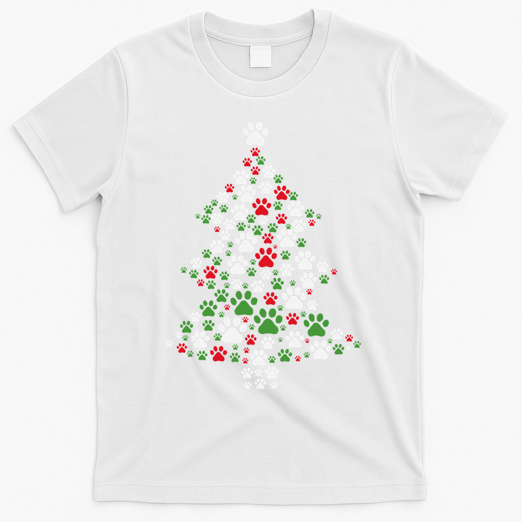 Retro Cute Xmas Dog Paw Print Christmas Tree Puppy Lover T-Shirt - White
