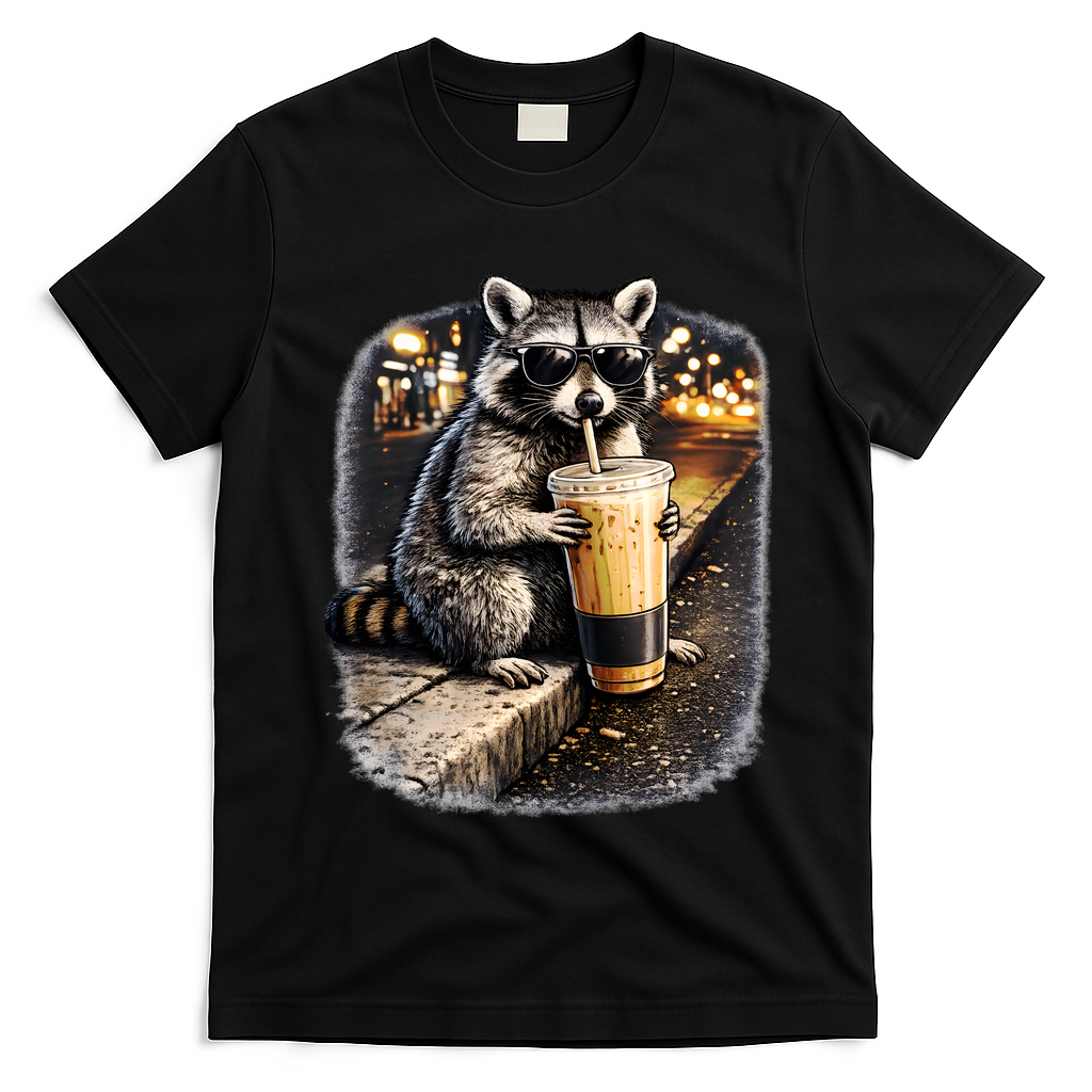 Raccoon Drinking Iced Coffee T-Shirt