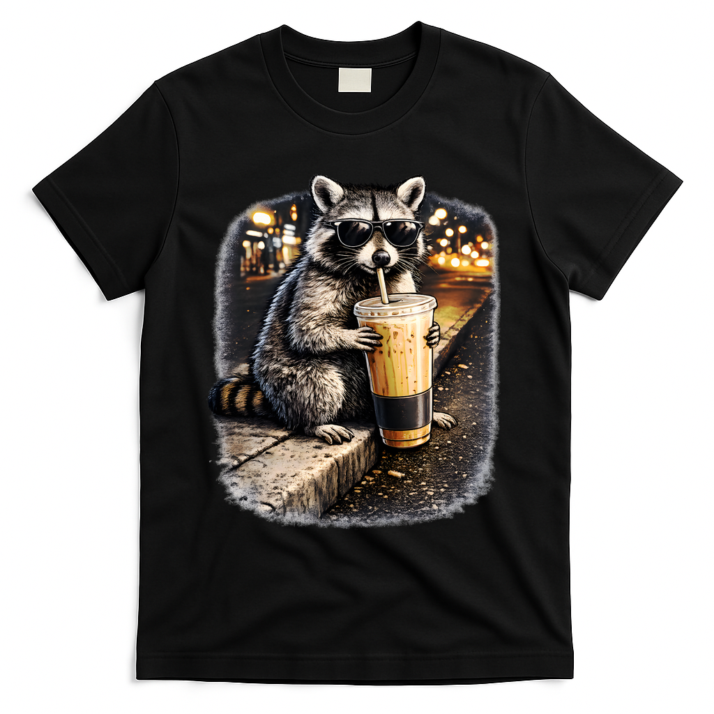 Raccoon Drinking Iced Coffee T-Shirt - Black