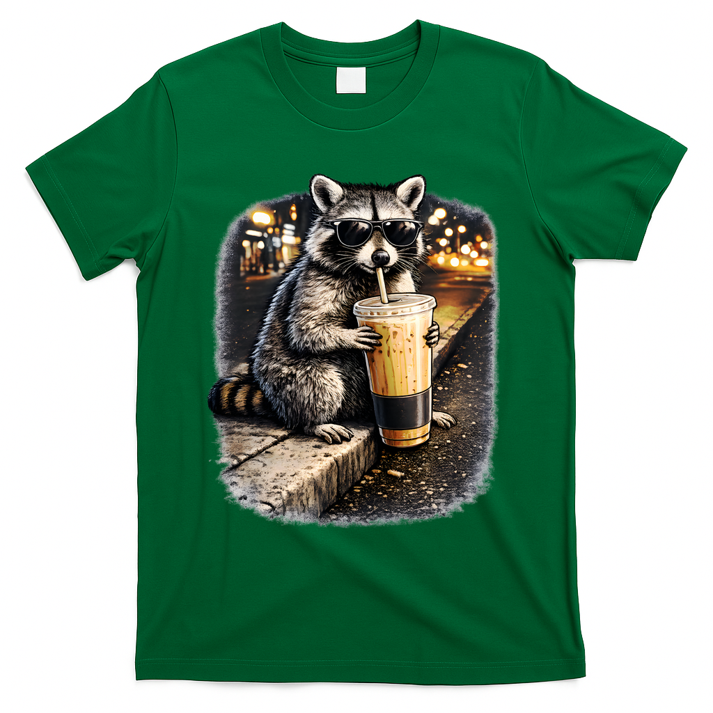 Raccoon Drinking Iced Coffee T-Shirt - Green