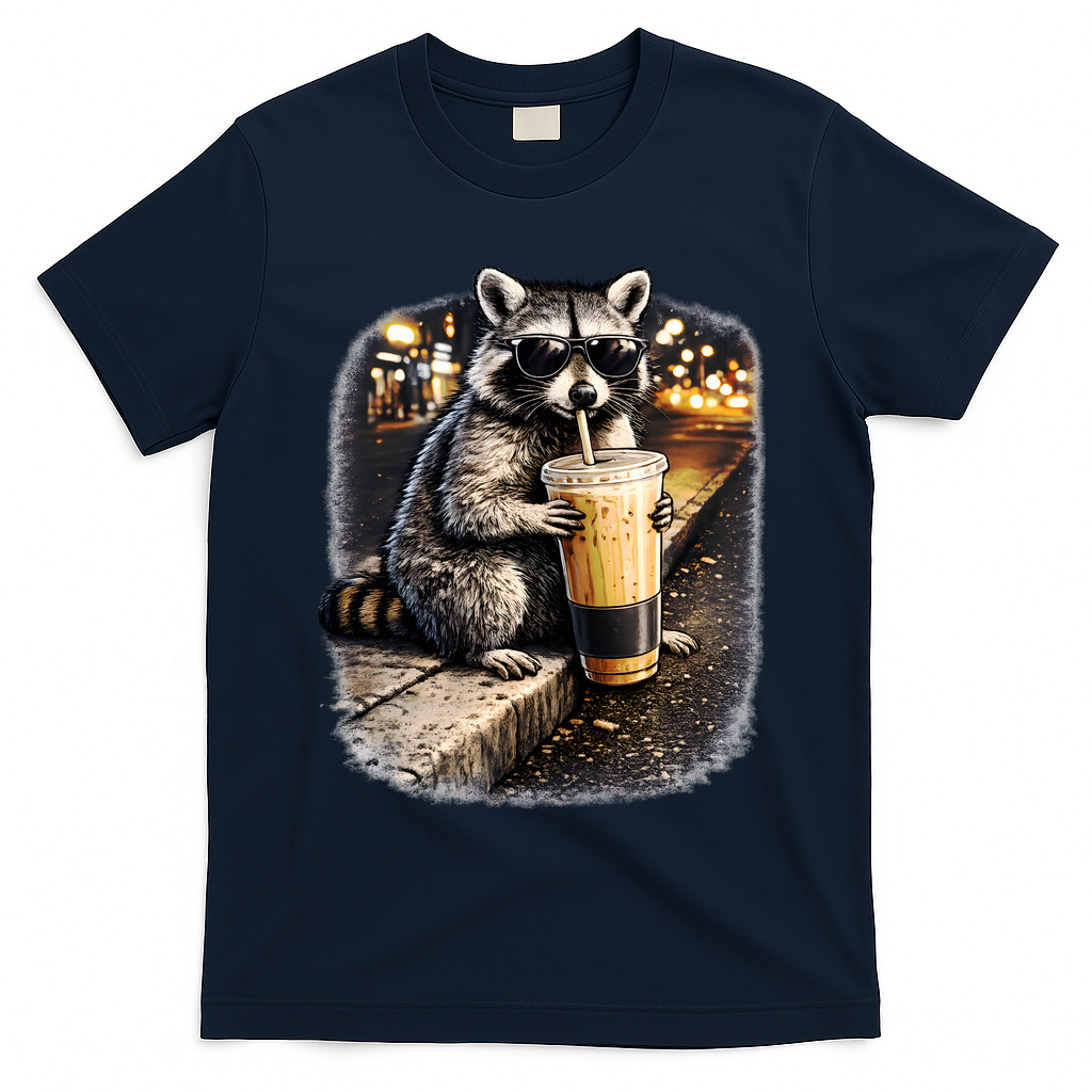 Raccoon Drinking Iced Coffee T-Shirt - Navy