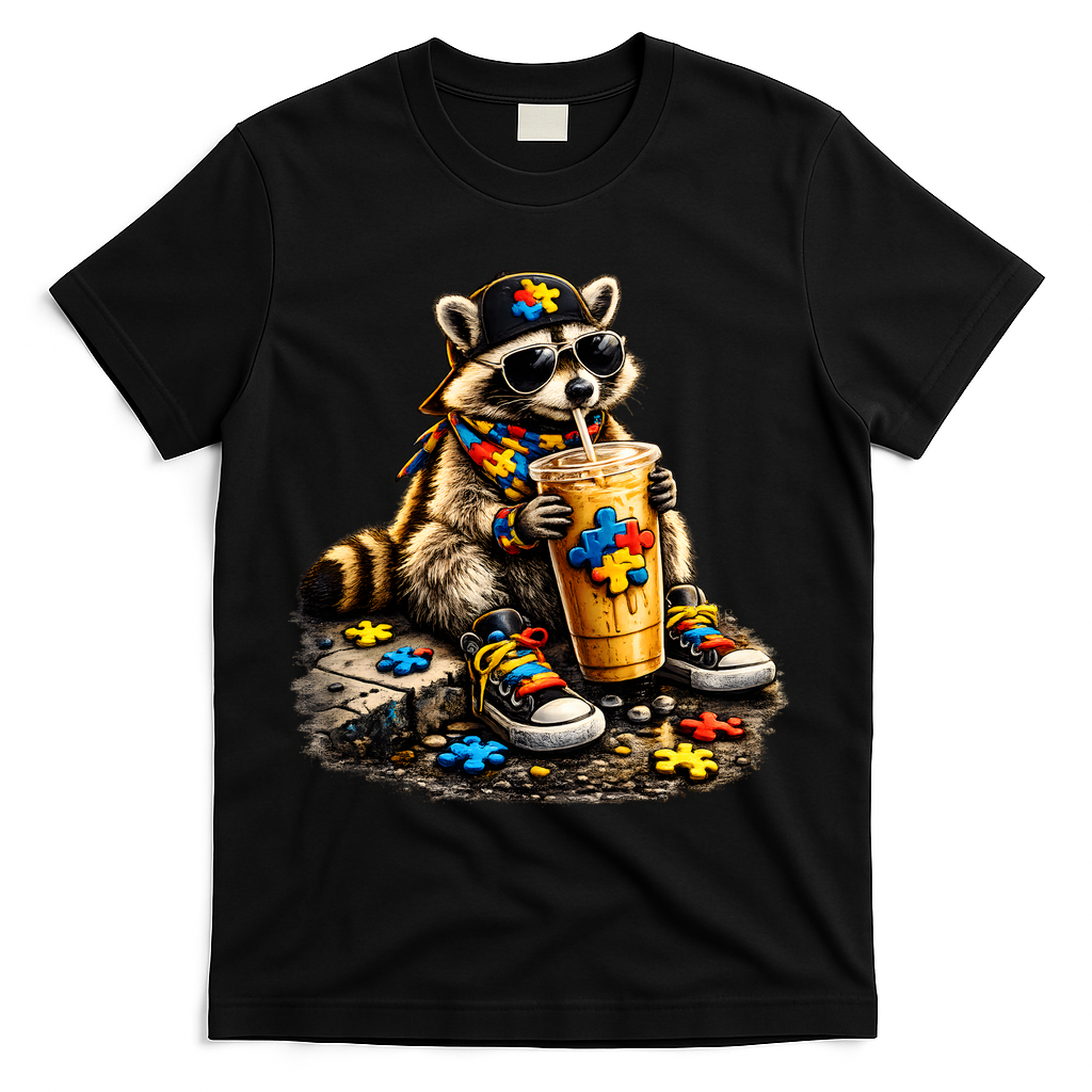 Raccoon Drinking Iced Coffee Autism T-Shirt - Black