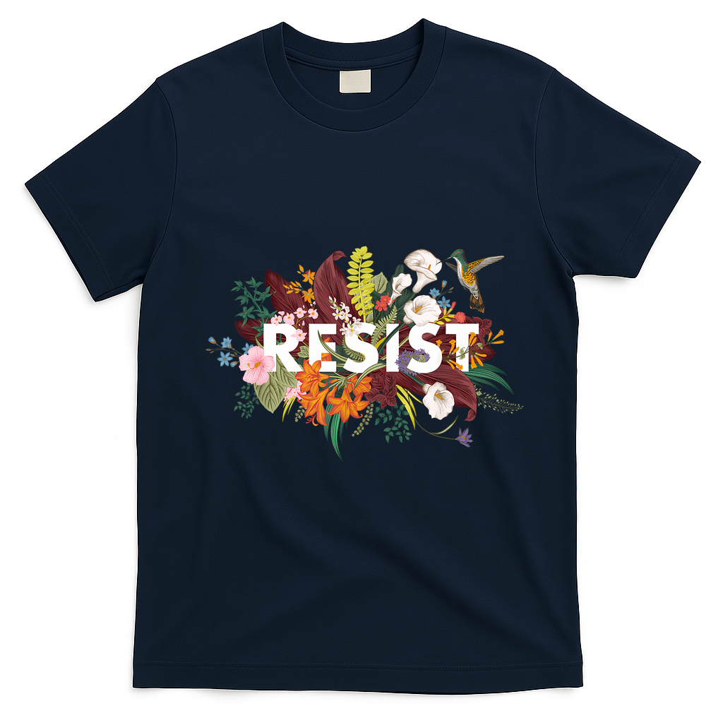 Resist Floral Anti Trump Political Protest T-Shirt - Navy Blue
