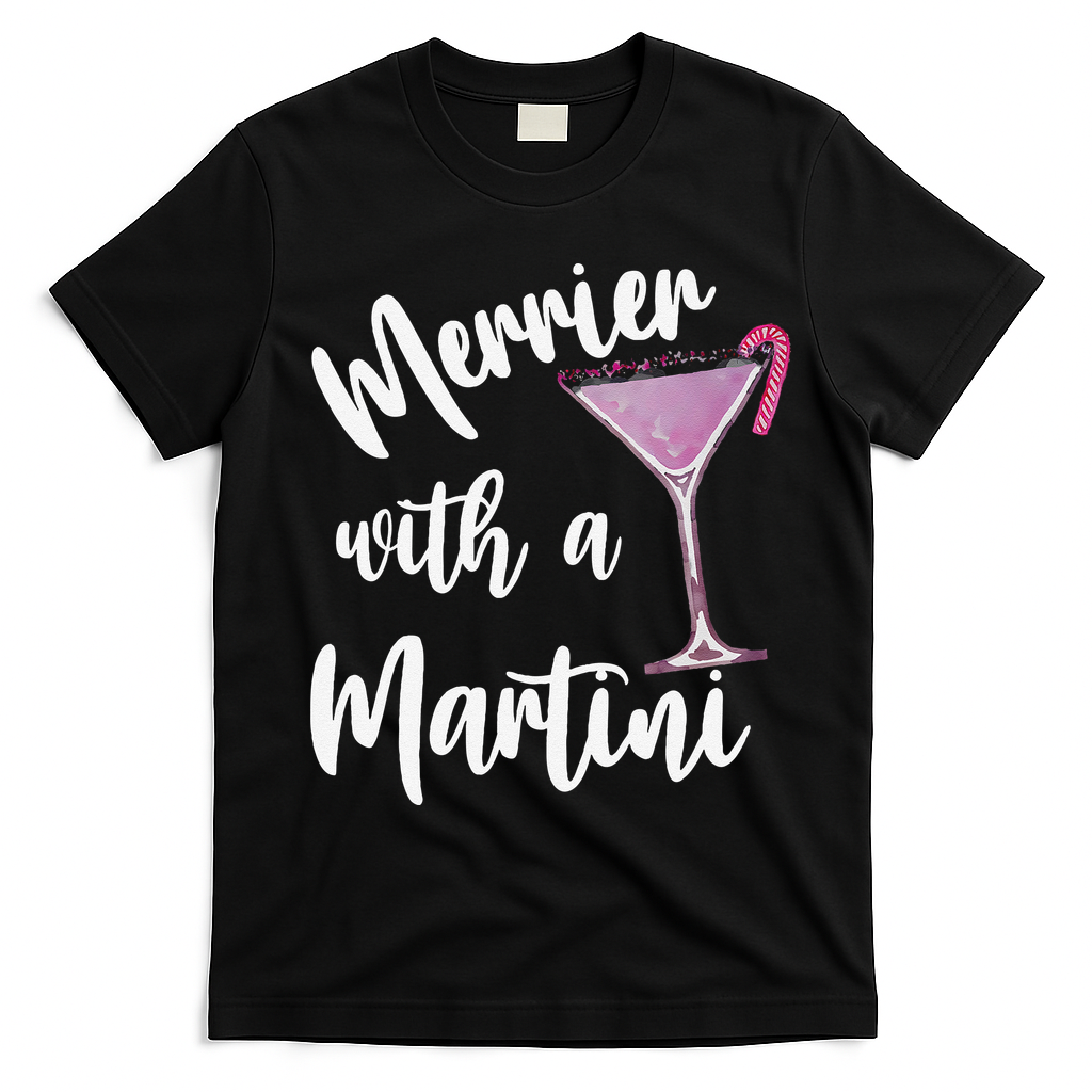 Retro Funny Merrier With A Martini Merry Christmas Drinking T-Shirt - Black