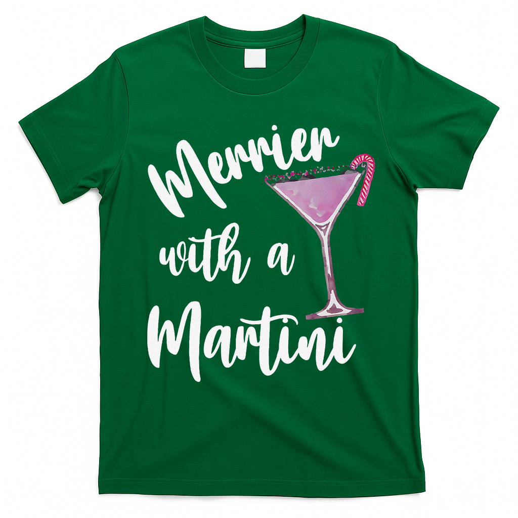 Retro Funny Merrier With A Martini Merry Christmas Drinking T-Shirt - Irish Green