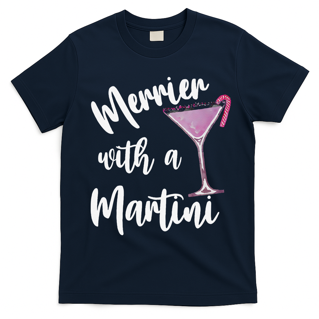 Retro Funny Merrier With A Martini Merry Christmas Drinking T-Shirt - Navy Blue