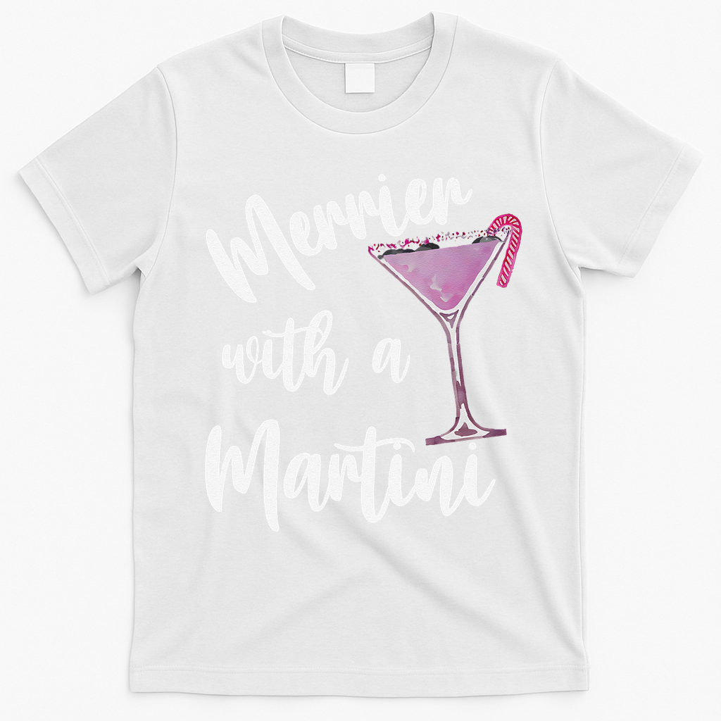 Retro Funny Merrier With A Martini Merry Christmas Drinking T-Shirt - White