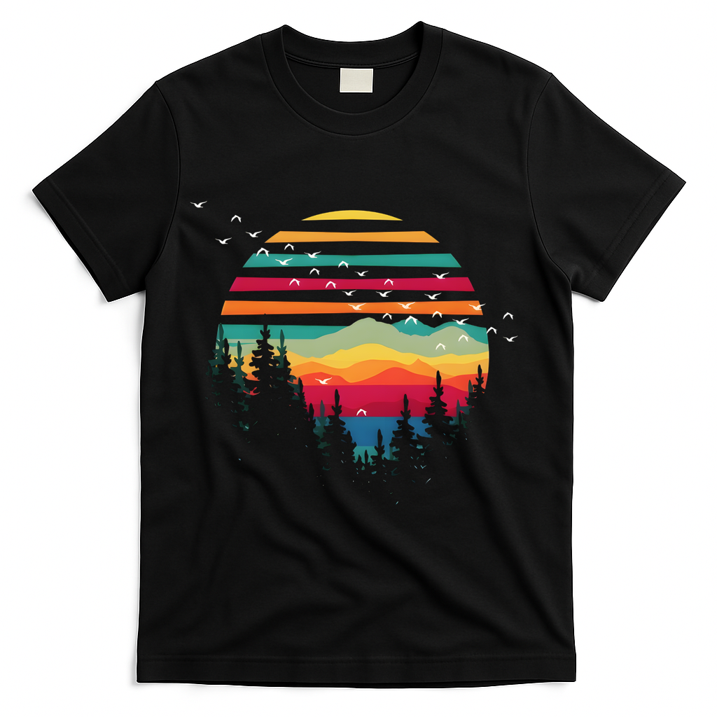 Retro Forest Sunset Nature Valley T-Shirt - Black