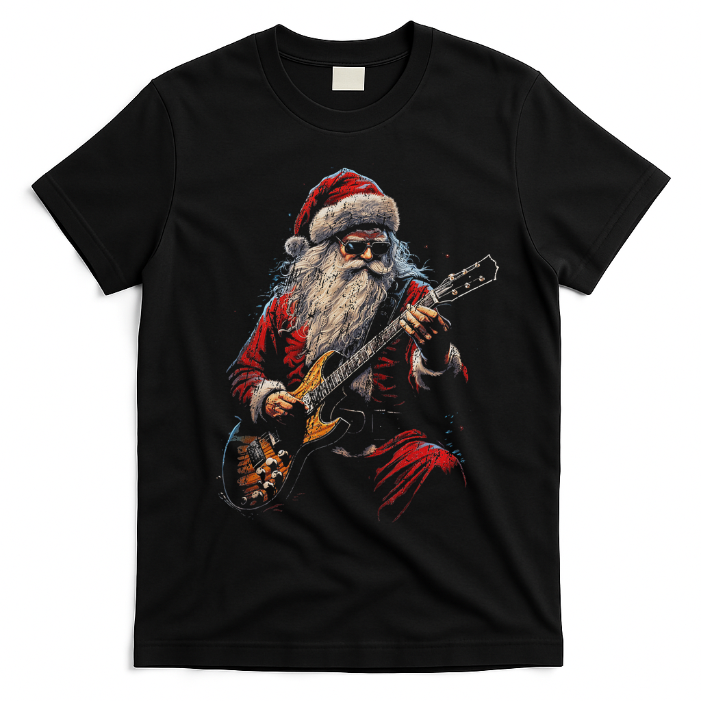 Rock Guitar Santa Claus Playing Guitar Funny Christmas T-Shirt - Black