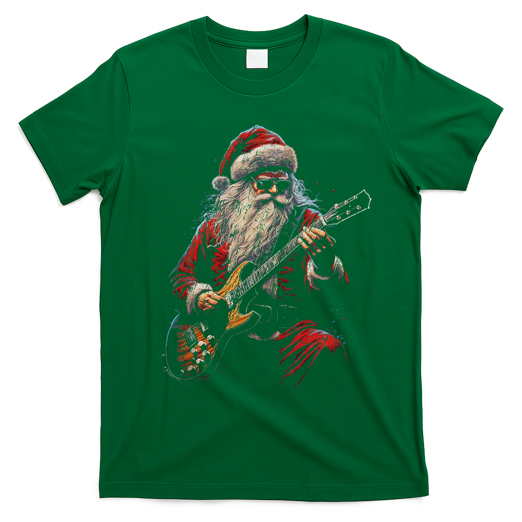 Rock Guitar Santa Claus Playing Guitar Funny Christmas T-Shirt - Irish Green