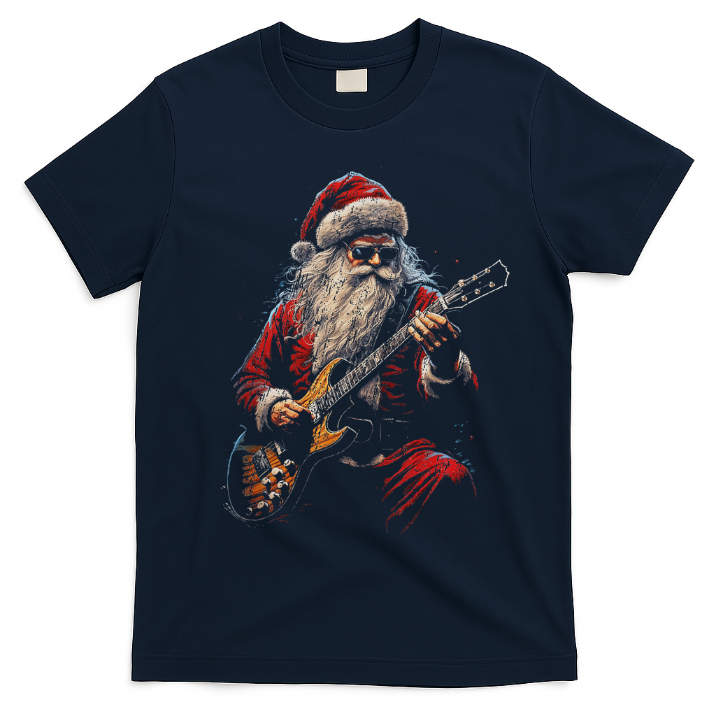 Rock Guitar Santa Claus Playing Guitar Funny Christmas T-Shirt - Navy Blue