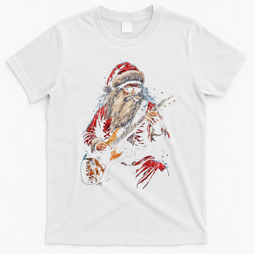 Rock Guitar Santa Claus Playing Guitar Funny Christmas T-Shirt - White