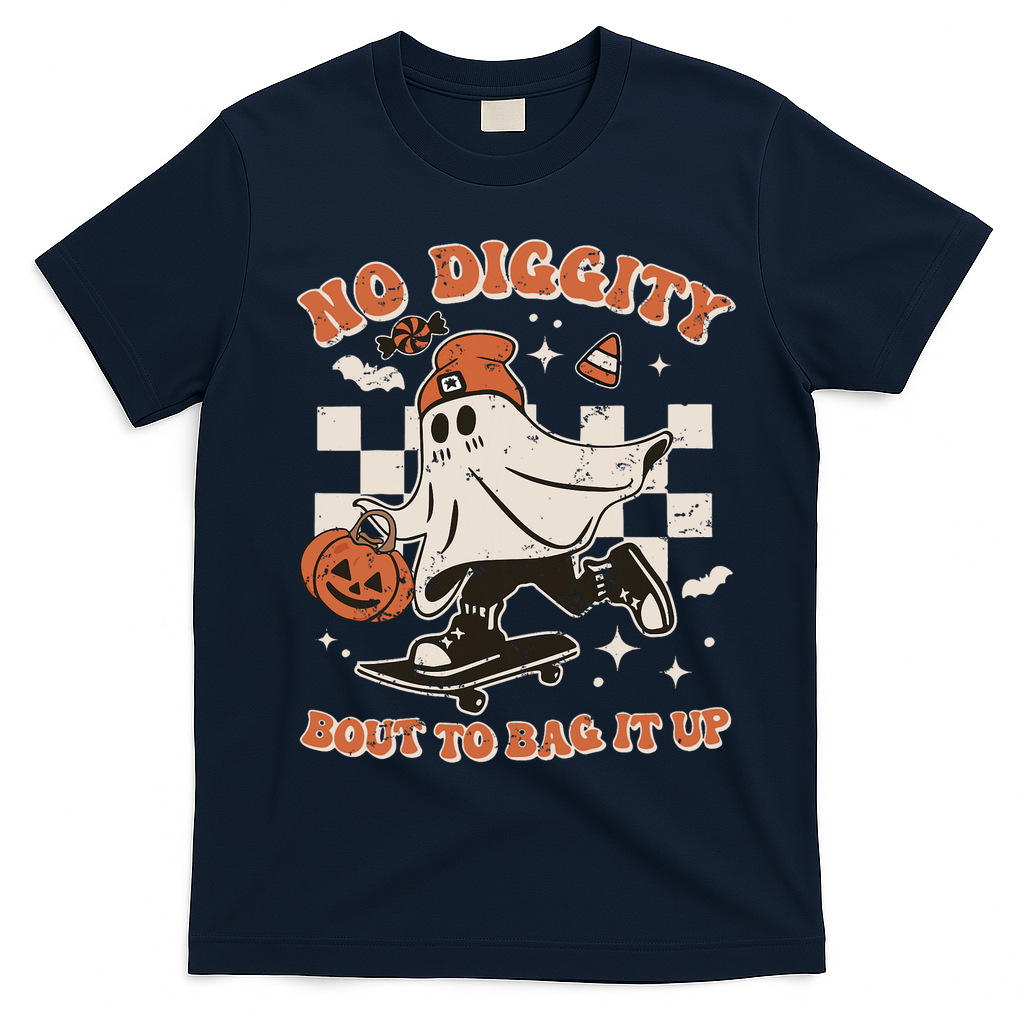 Retro Halloween Ghost No Diggity Bout To Bag It Up T-Shirt - Navy Blue