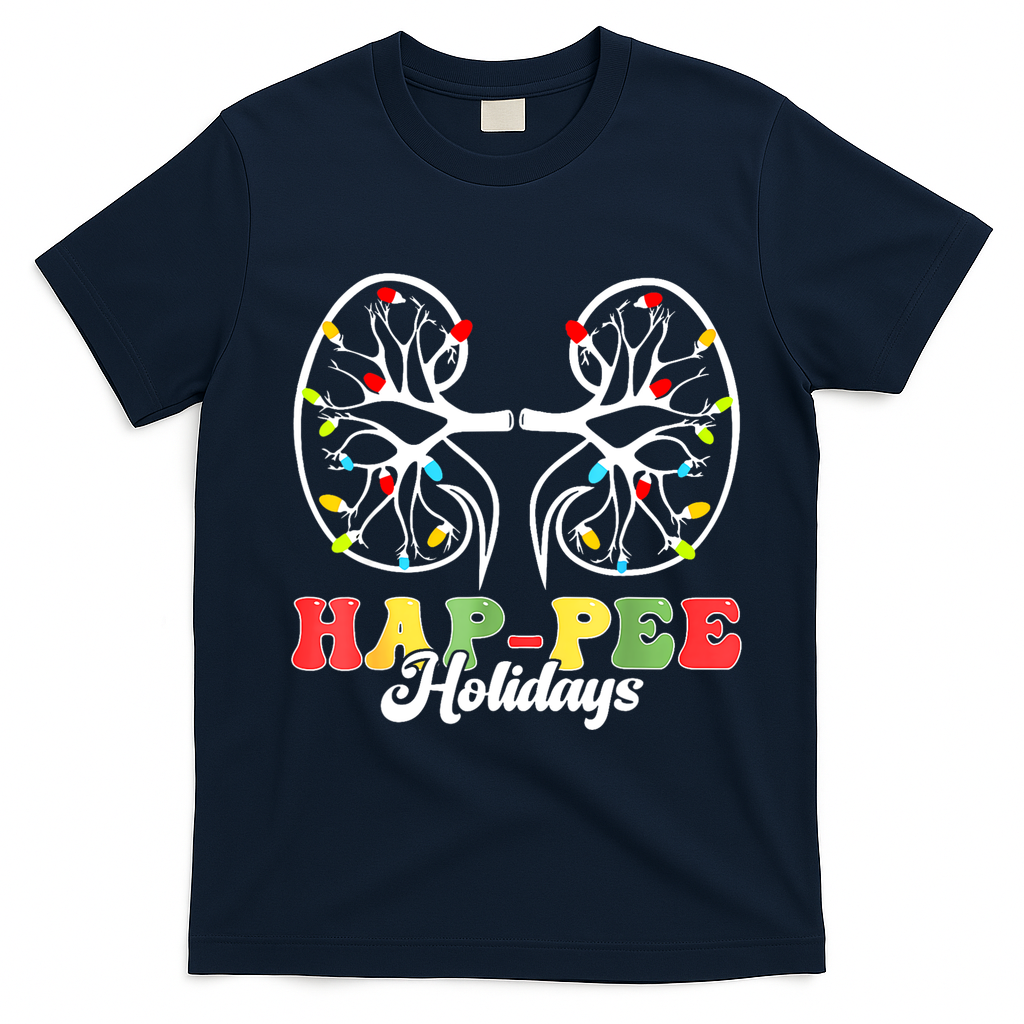 Retro Hap Pee Holidays Christmas Dialysis Nurse Kidney Xmas T-Shirt - Navy Blue