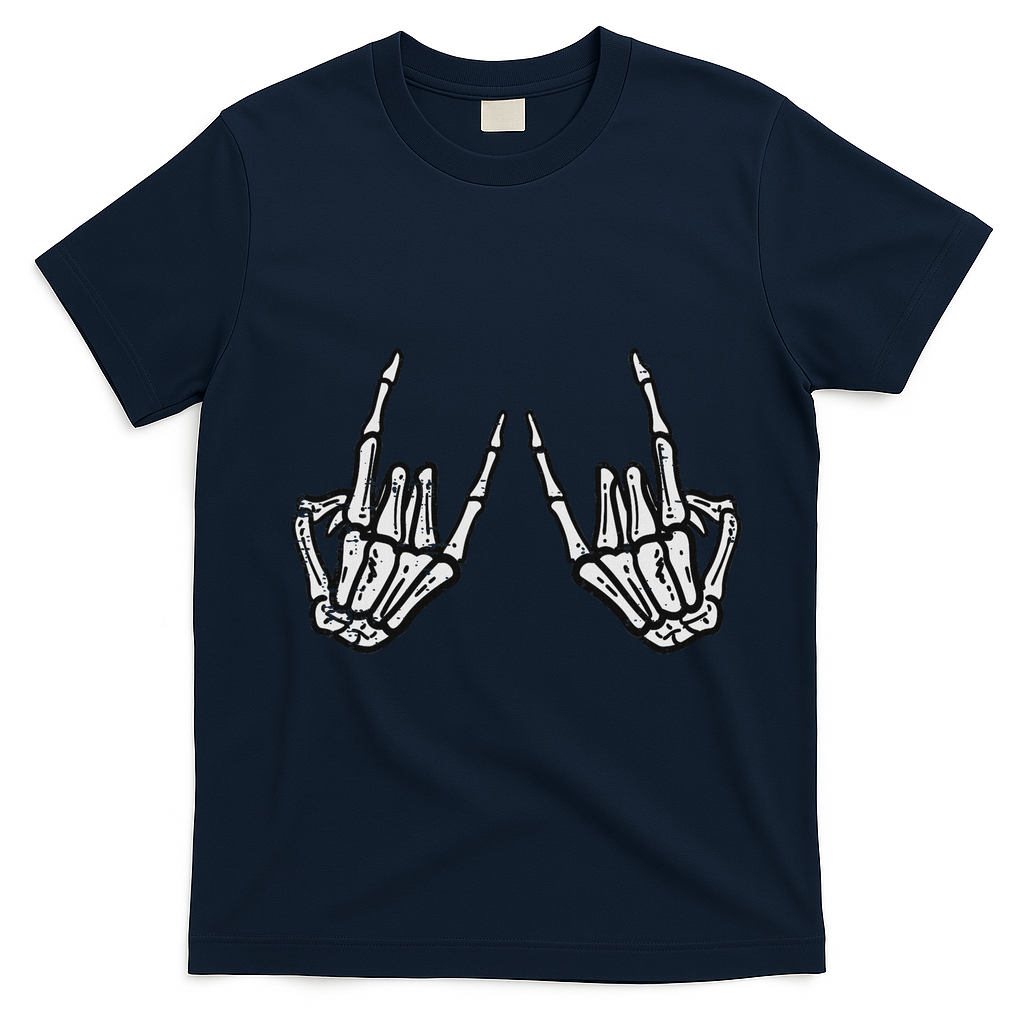 Rocker Hand Sign Rock Skeleton Retro Halloween Women T-Shirt - Navy Blue