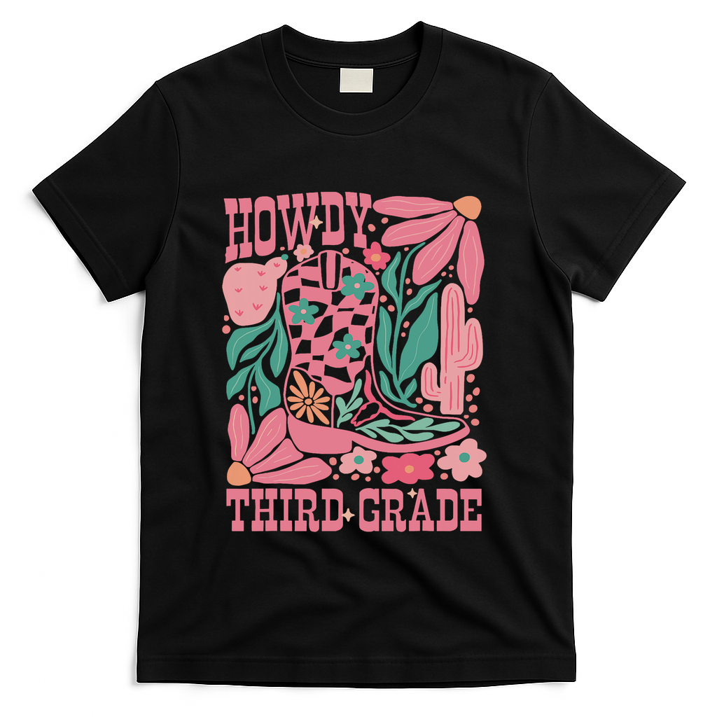 Retro Howdy Third Grade Back To School Teacher Cowgirl Boot T-Shirt - Black