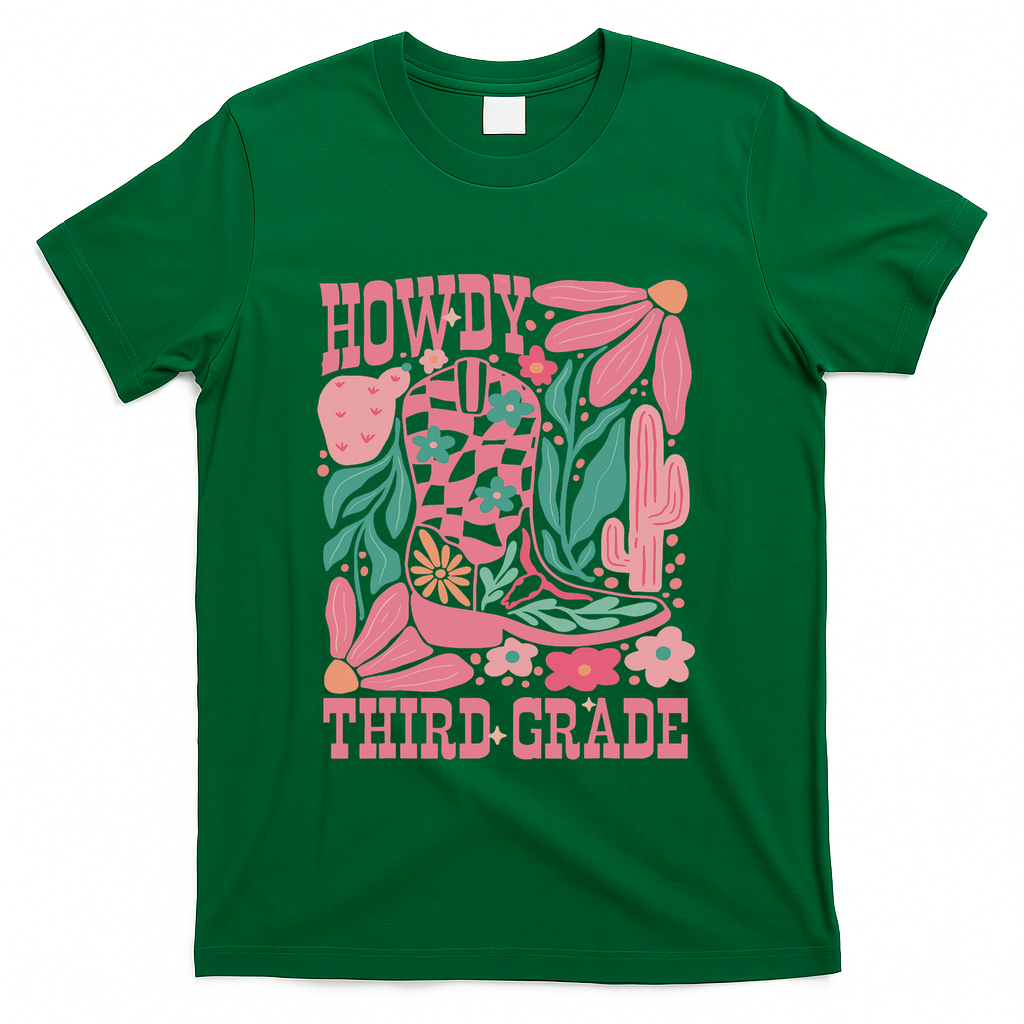 Retro Howdy Third Grade Back To School Teacher Cowgirl Boot T-Shirt - Green