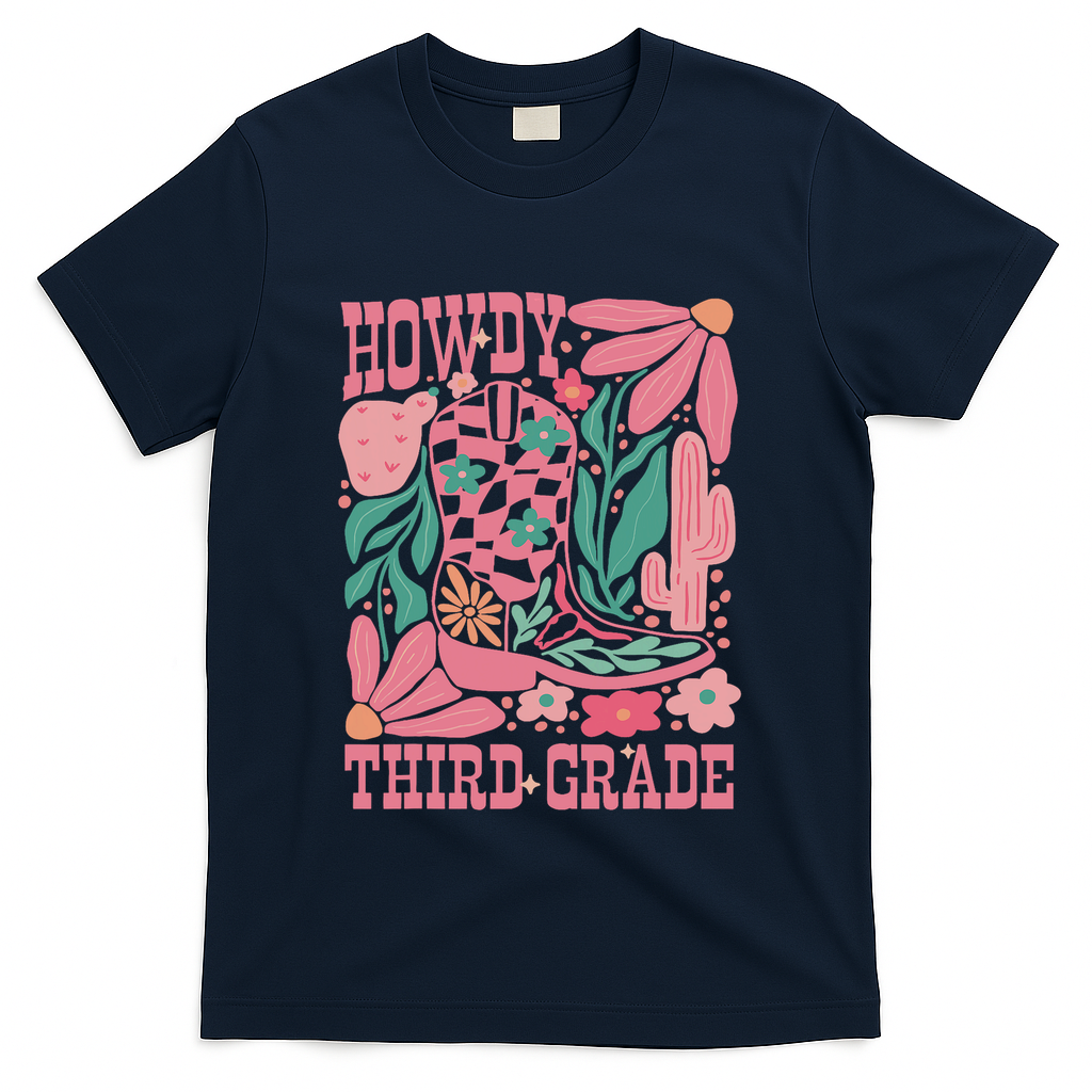 Retro Howdy Third Grade Back To School Teacher Cowgirl Boot T-Shirt - Navy