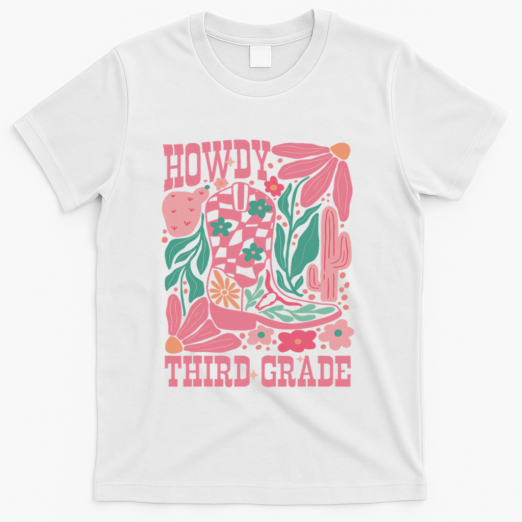 Retro Howdy Third Grade Back To School Teacher Cowgirl Boot T-Shirt - White