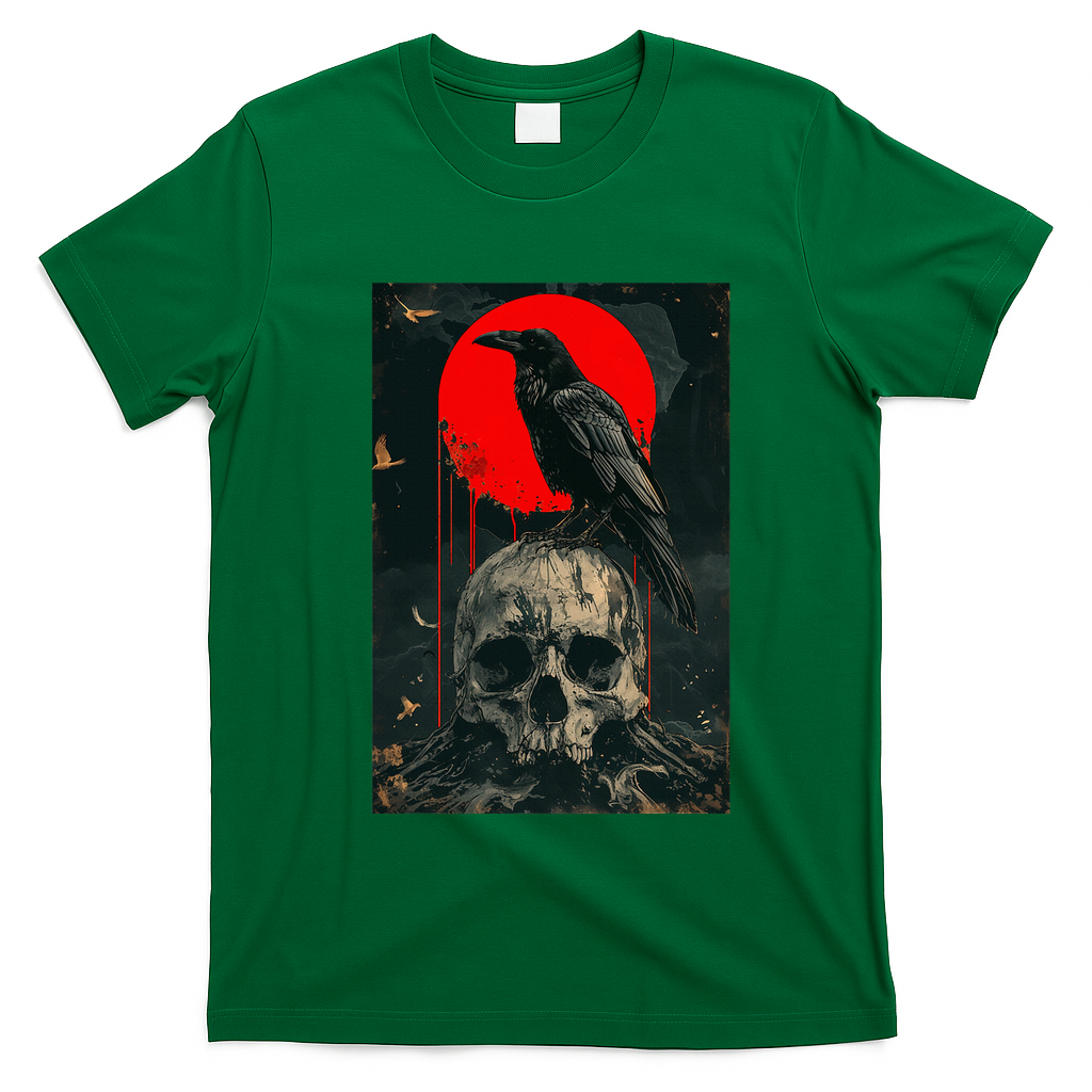 Red Moon Black Gothic Raven Skull Graphic Black Crow T-Shirt - Irish Green