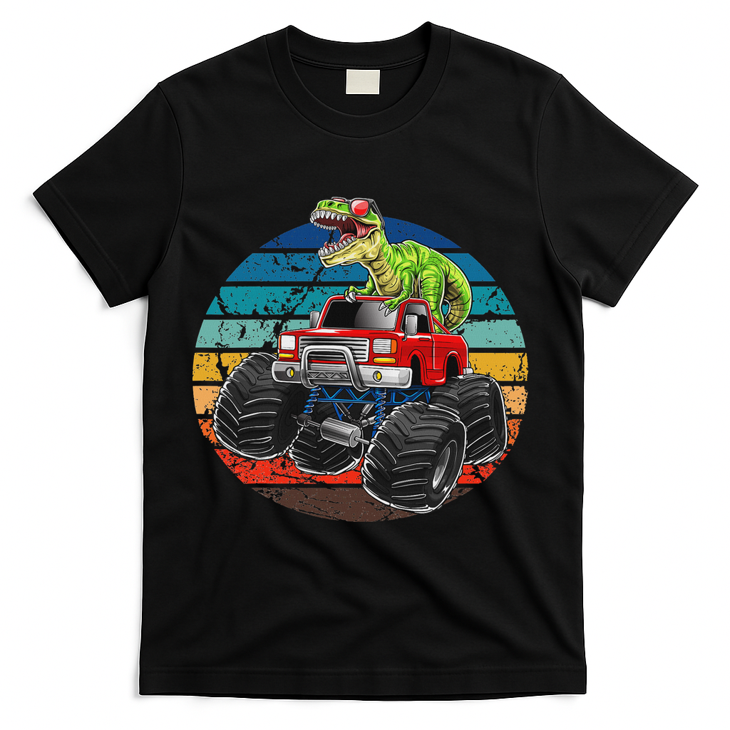 Retro Monster Truck Dinosaur Vintage Sunset Gift For T-Shirt - Black