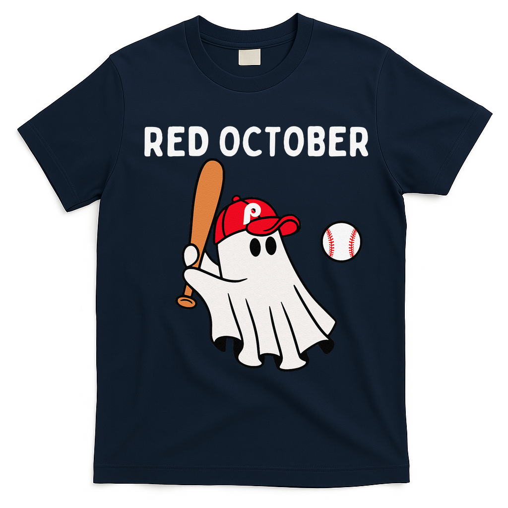 Red October Halloween Philadelphia Baseball Ghost T-Shirt - Navy Blue