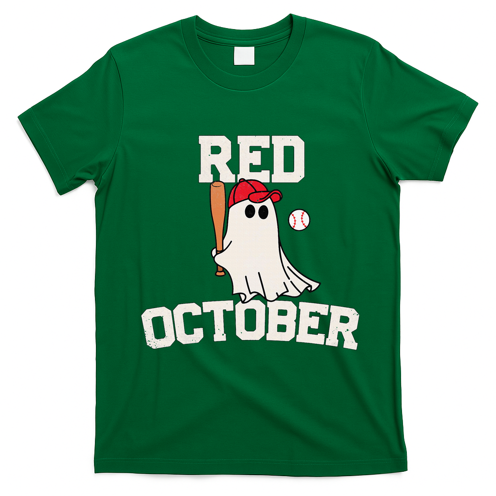 Red October Halloween Ghost Playing Baseball T-Shirt - Irish Green