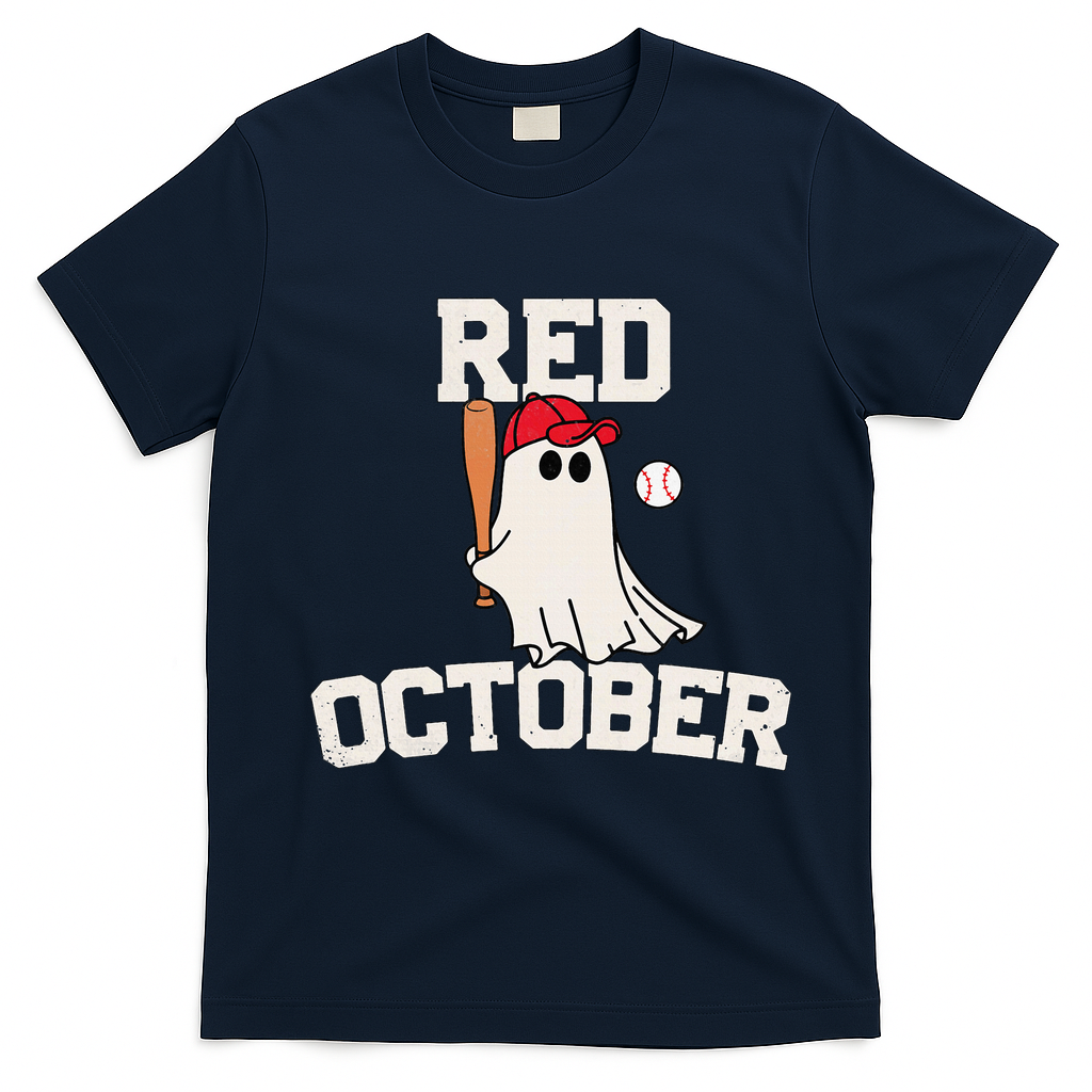 Red October Halloween Ghost Playing Baseball T-Shirt - Navy Blue