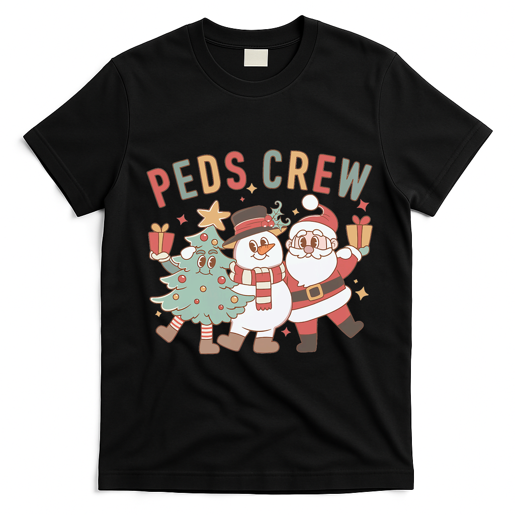 Retro Peds Crew Christmas Pediatric Nurse Nursing Group T-Shirt - Black