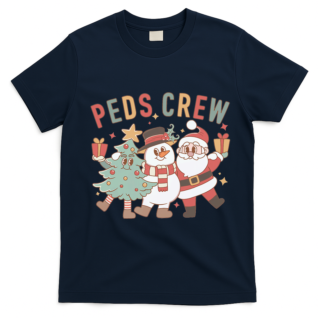 Retro Peds Crew Christmas Pediatric Nurse Nursing Group T-Shirt - Navy Blue