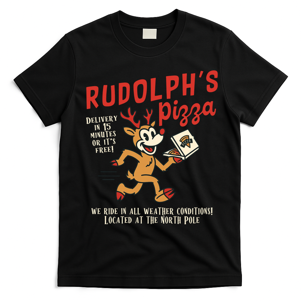Rudolphs Pizza Delivery North Pole Retro T-Shirt - Black