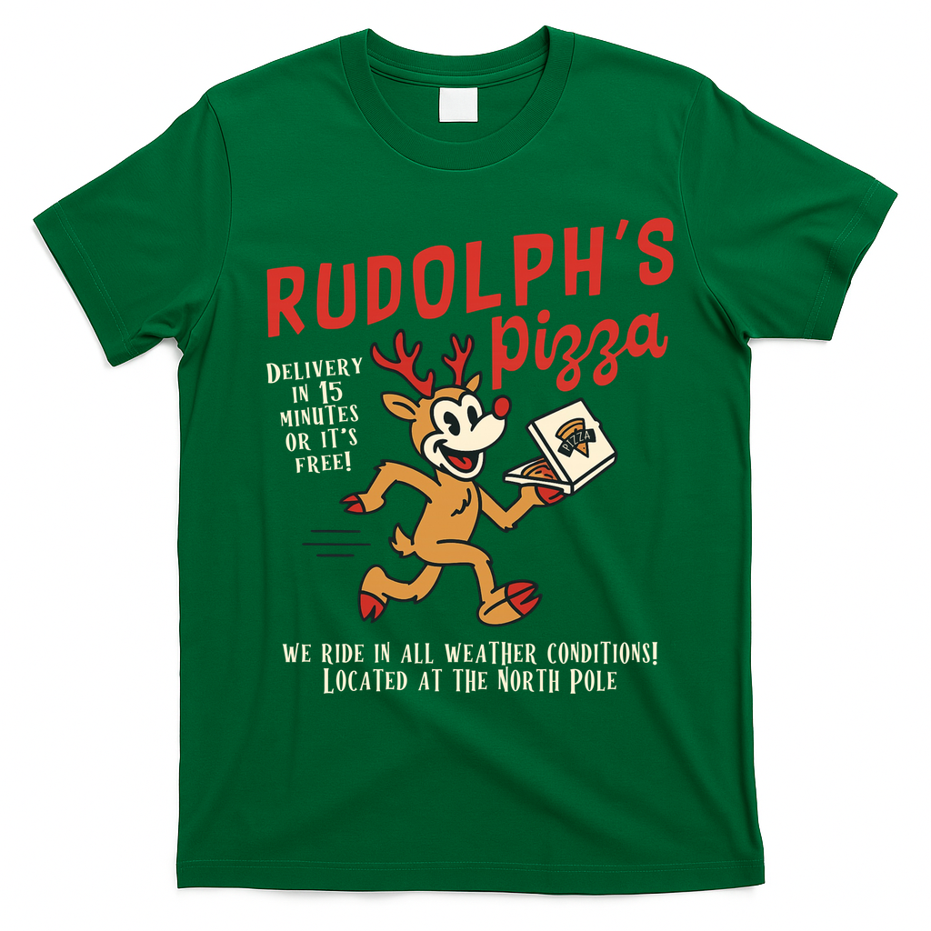 Rudolphs Pizza Delivery North Pole Retro T-Shirt - Irish Green