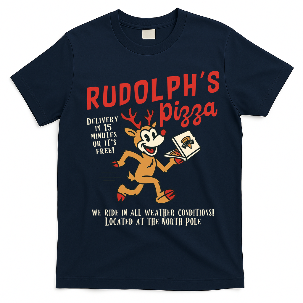 Rudolphs Pizza Delivery North Pole Retro T-Shirt - Navy Blue