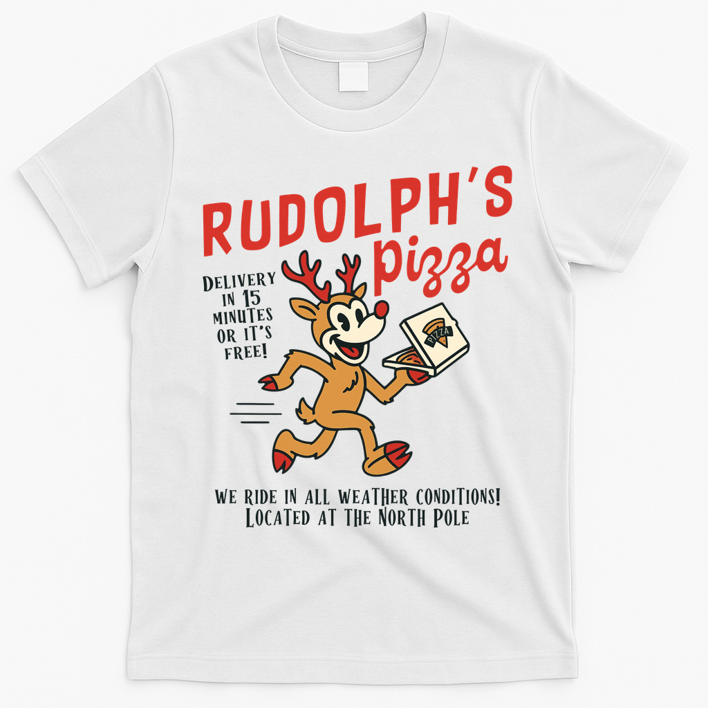 Rudolphs Pizza Delivery North Pole Retro T-Shirt - White