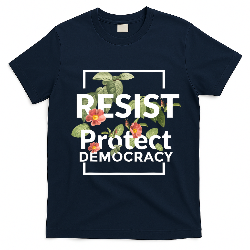 Resist Protect Democracy Subtle Retro Floral Anti Trump  T-Shirt - Navy Blue