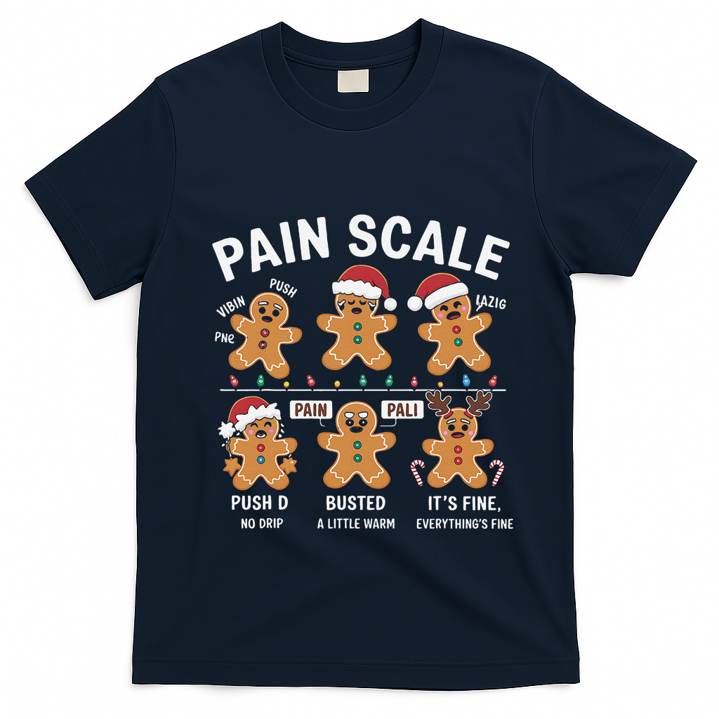 Retro Pain Scale Gingerbread Nurse Christmas Vibes T-Shirt - Navy Blue