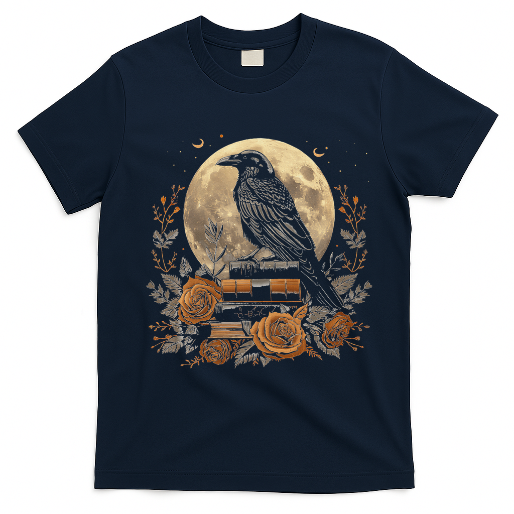 Raven Reading Book Occult Crow T-Shirt - Navy Blue