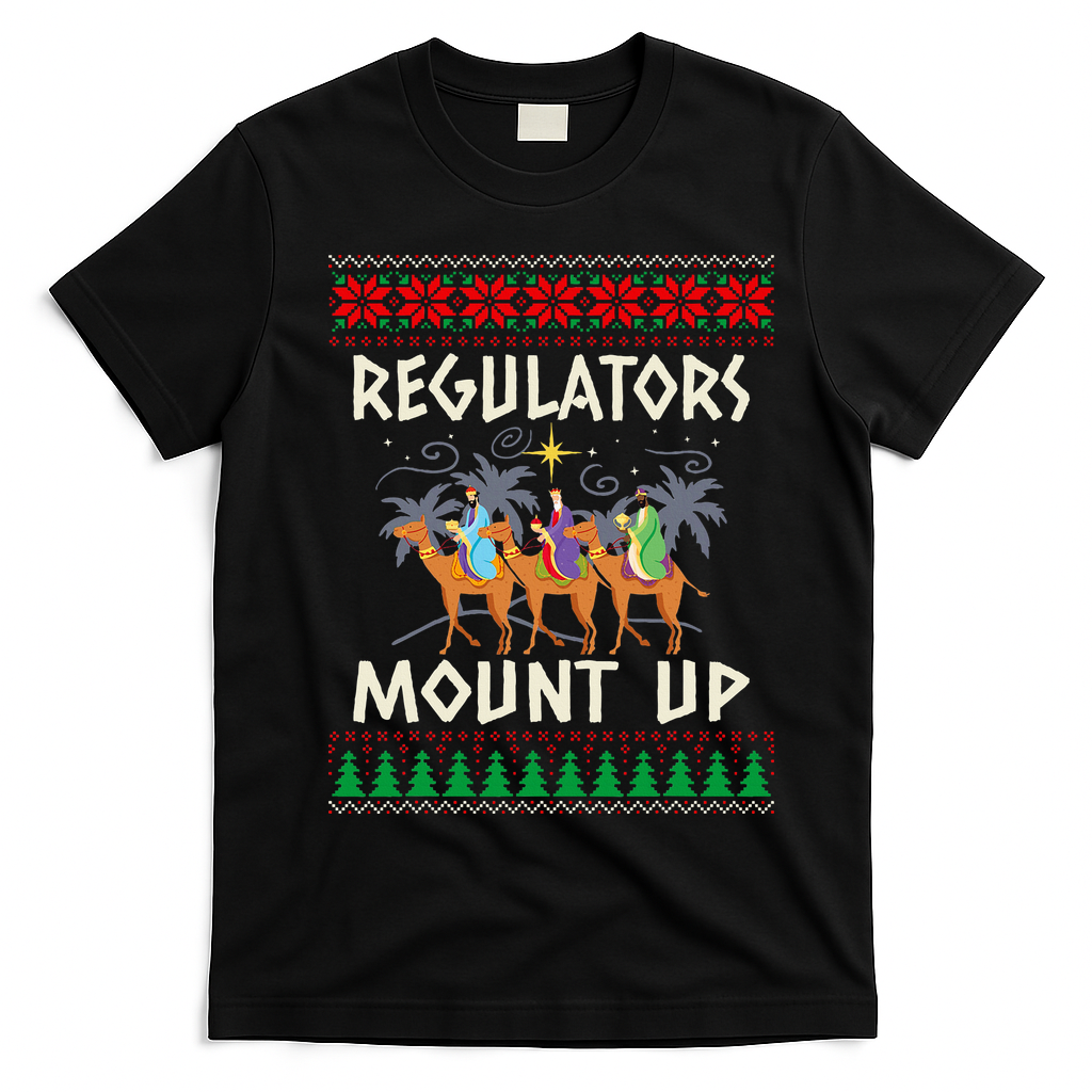 Retro Regulators Mount Up Camel Ugly Christmas Sweater Xmas T-Shirt - Black