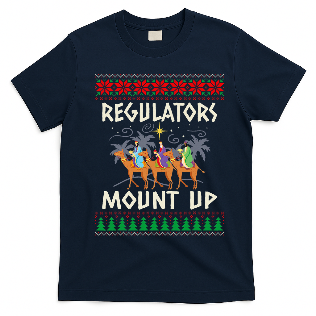 Retro Regulators Mount Up Camel Ugly Christmas Sweater Xmas T-Shirt - Navy Blue