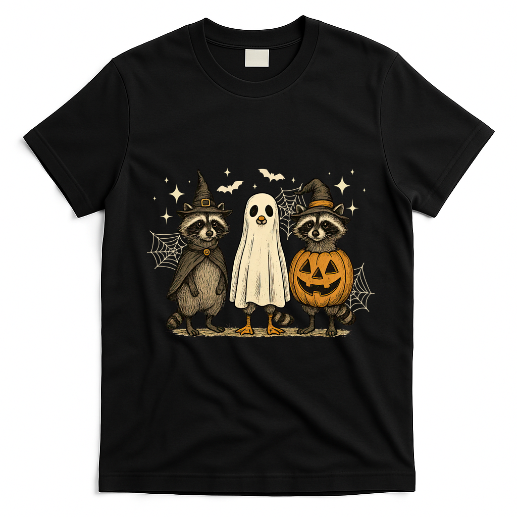 Retro Raccoon Witch Scary Halloween Pumpkin  T-Shirt - Black