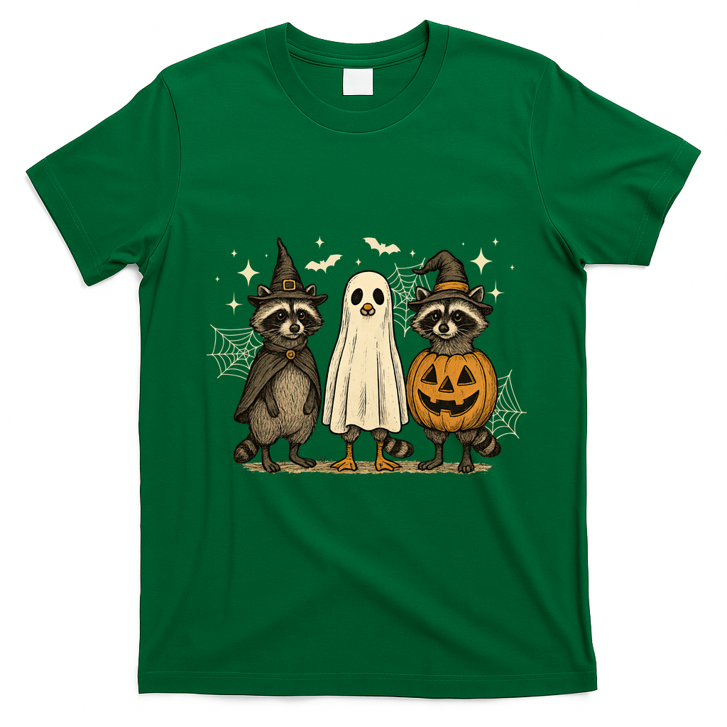 Retro Raccoon Witch Scary Halloween Pumpkin  T-Shirt - Irish Green