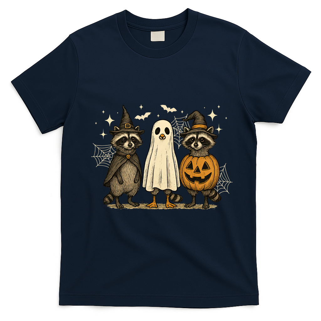 Retro Raccoon Witch Scary Halloween Pumpkin  T-Shirt - Navy Blue