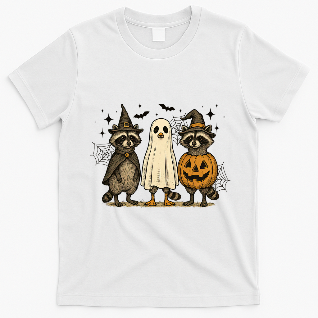 Retro Raccoon Witch Scary Halloween Pumpkin  T-Shirt - White